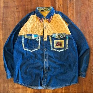 Vintage BOXX Denim Southwestern Quilt Patchwork Longsleeve Button Down Shirt L
